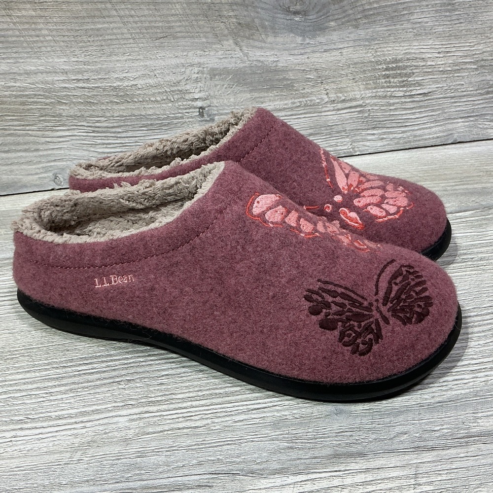 LL Bean Women's Daybreak Scuff Butterfly Motif Slippers Size 9 Medium Wool Clog